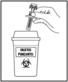 A hand holding a syringe above a sharps container with a biohazard symbol for safe disposal