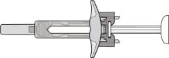 Technical drawing of a pre-filled syringe with a removable plunger and a central grip wing during use
