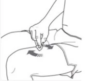 Schematic drawing of a hand pressing and rotating the skin of the abdomen with arrows indicating a rotational movement to prepare the injection site