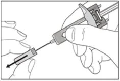 Two hands holding a medical device with a thin needle and a spring-loaded mechanism for injection