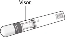 Diagramma tecnico di un dispositivo medico cilindrico con una linea che indica il visore e un codice a barre sulla parte terminale destra
