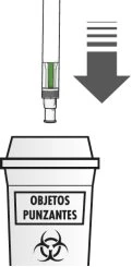 Diagramma che mostra una siringa che viene inserita verticalmente in un contenitore per oggetti punzanti con simbolo di rischio biologico