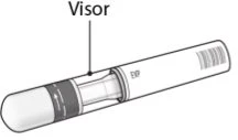 Diagramma tecnico di un dispositivo medico cilindrico con etichetta Visor che indica una sezione trasparente e un codice a barre laterale