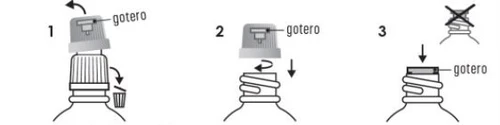 Three illustrated steps: 1 rotate the dropper cap to open, 2 insert the cap, 3 press the dropper downward to dispense