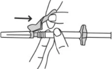 Technical drawing showing a hand holding a syringe with an arrow indicating the injection site