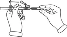 Two hands separating components of a prefilled syringe by pulling the barrel to the left, as indicated by a black arrow