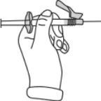 Line drawing of a hand holding a syringe with a needle and a safety device for needle disposal