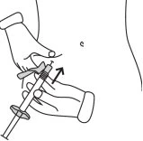 Schematic drawing of hands holding a syringe to inject a drug into the patient