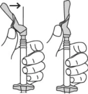 Technical drawing showing two hands holding a syringe for administration