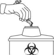 Black and white drawing of a hand disposing a waste container into a bin marked with the biohazard symbol