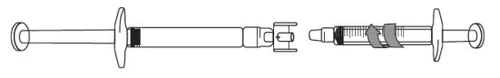 Technical drawing of a horizontal syringe with curved arrows indicating rotation of the cap for preparation of the medical device