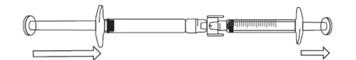 Technical drawing of a syringe with two arrows indicating the joining movement of the two components by twisting
