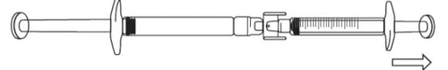 Black and white technical drawing of two syringes connected together with an arrow indicating movement to the right