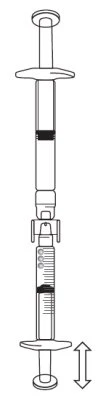 Black and white technical drawing of a syringe with a double vertical arrow indicating the sliding motion of the plunger