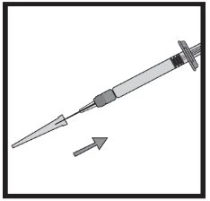 Technical drawing of a syringe with needle and a gray arrow pointing towards the