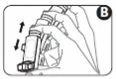 Black and white drawing of a hand gripping a medical device with arrows indicating a sliding motion towards the