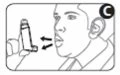 Line drawing of a man holding an inhaler near his open mouth with two arrows indicating the