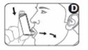 Schematic drawing of a person using an oral inhaler with arrows indicating the