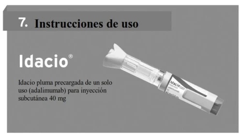 Text with title Instructions for Use, drug name Idacio, and description of a pre-filled pen for subcutaneous injection of 40 mg
