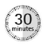 Circular icon with notched border resembling a stopwatch, with black text '30 minutes' on a vertically divided white and gray background