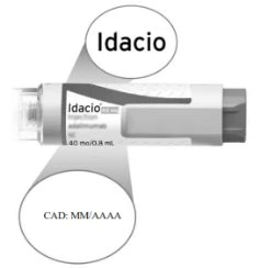 Medical device Idacio with label indicating 40 mg/0.8 mL and two circles with text: Idacio and expiration date MM/AAAA