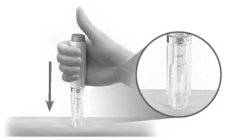 A hand holding a cylindrical medical device and pressing it downward onto the skin, with an arrow indicating downward movement