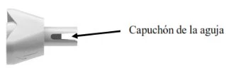 Technical drawing of a protective needle cap with a black arrow pointing towards it