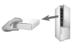 A hand removing a white box from a refrigerator, indicated by a gray arrow pointing to the box