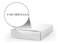 White drug box with a circular magnification showing the text CAD MM/AAAA to indicate the expiration date