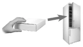 A hand holding a white box and an arrow indicating to store the package in the refrigerator