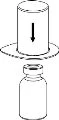Diagram showing a cylinder with a downward-pointing arrow inserting into an open glass vial