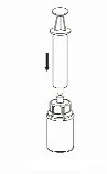 Technical drawing of a syringe with a plunger being pushed downward to draw content from an underlying glass vial