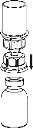 Black and white technical drawing showing the assembly of a cylindrical cap or component onto a medical glass vial via a downward-pointing arrow