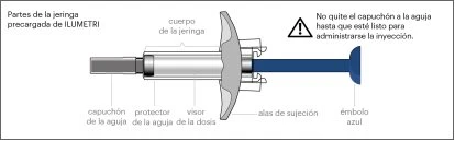 Diagram of a prefilled syringe with Spanish labels indicating the cap, barrel, viewing window, support wings, and the needle