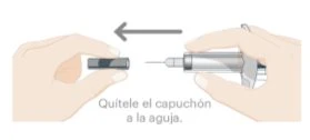 Two hands removing the protective cap from a syringe needle with a gray arrow indicating movement to the left