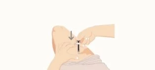 Illustration of a hand holding a syringe to inject medication into a person's gluteal muscle with an arrow indicating the direction of injection