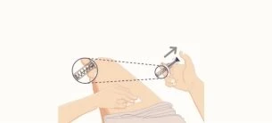 Diagram showing a hand inserting an auto-injector device into the thigh with a close-up view of the needle deployment