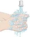 Two hands being washed under a stream of water