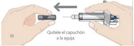 Two hands separating the protective cap from the syringe