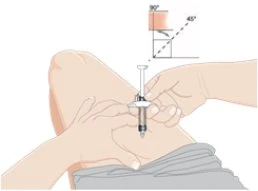 Two hands holding a syringe for administration