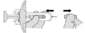 A hand holding a syringe with black arrows indicating a forward and backward sliding motion for operation