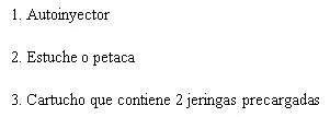 Testo con elenco numerato: 1. Autoiniettore, 2. Custodia o astuccio, 3. Cartuccia contenente 2 siringhe precaricate