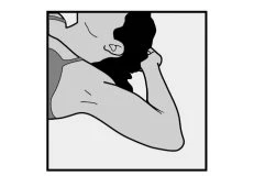 Black and white drawing of a person in profile touching their head with the right hand while the shoulder is slightly tilted