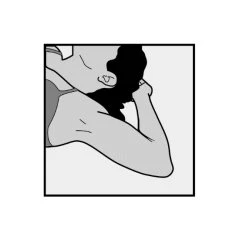 Black and white drawing of a person in profile touching their head with the right hand while the arm is bent toward the body