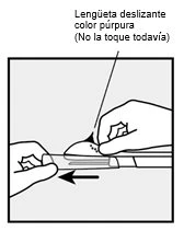 Two hands holding a medical device with a purple tab labeled 'do not touch' and a black arrow indicating leftward sliding motion