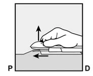 Schematic drawing of a hand pressing a medical device onto a surface with arrows indicating movement forward