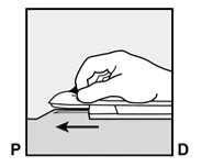 Black and white drawing of a hand pressing a medical device onto a flat surface with a black arrow indicating movement to the left