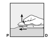 Schematic drawing of a hand pressing a medical device onto a surface with an arrow pointing forward