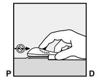 A hand holding a medical device flat on a surface with a black arrow indicating a prohibition symbol above it
