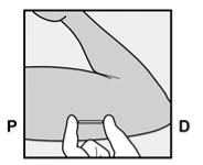 Schematic drawing of a bent arm with a hand pinching the skin over the thigh muscle between the letters P and D